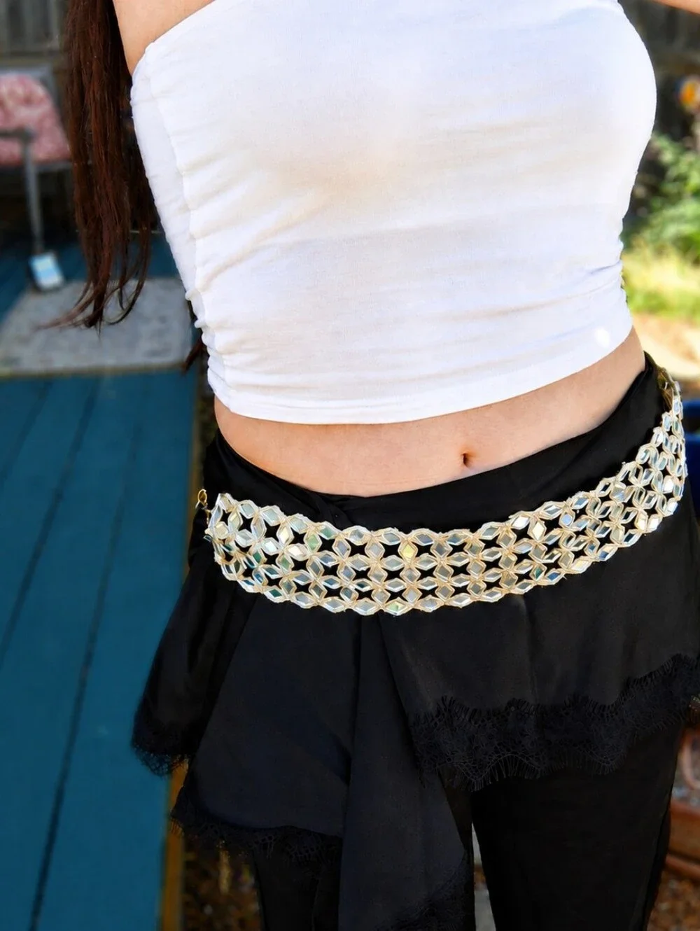 Handmade Gold Silver Boho Mirror Sequin Statement Belt Festival Rave Belly Dance